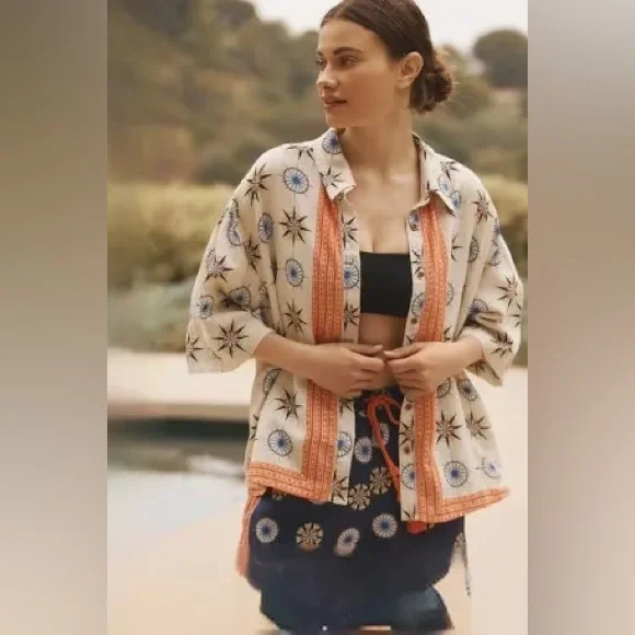 By Anthropologie Printed Short-Sleeve Linen Buttondown Shirt Top Cream compass - Picture 11 of 11